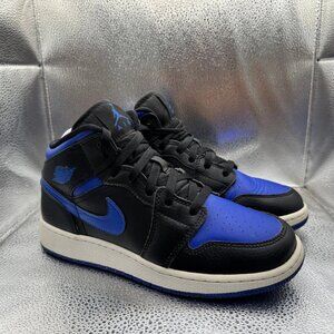 Size 6.5Y Nike Air Jordan 1 Mid Youth Black Hyper Royal Leather Shoes 554725-068